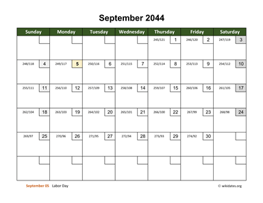 September 2044 Calendar with Day Numbers