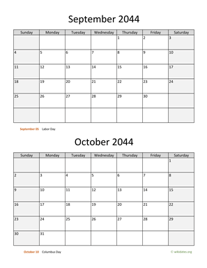 September and October 2044 Calendar Vertical