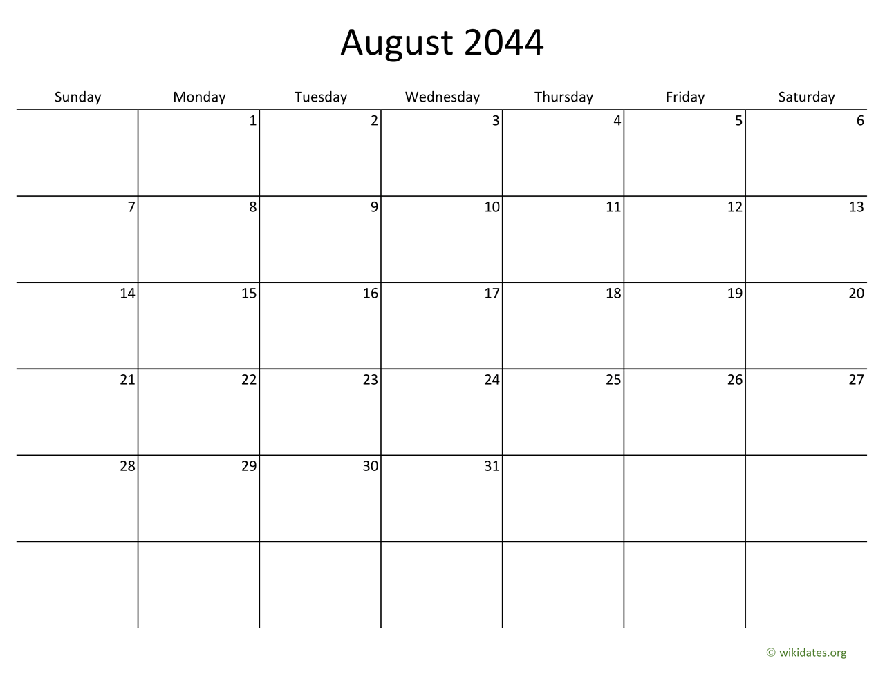 August 2044 Calendar with Bigger boxes | WikiDates.org