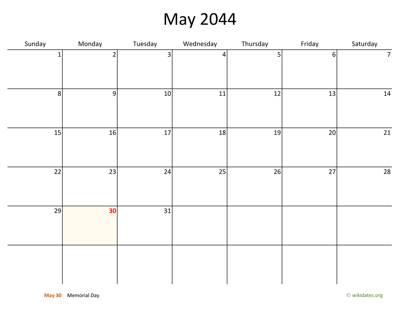 May 2044 Calendar with Bigger boxes | WikiDates.org