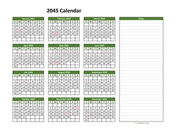 Yearly Printable 2045 Calendar with Notes
