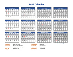 PDF Calendar 2045 with Federal Holidays