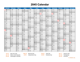 2045 Calendar Horizontal, One Page
