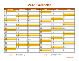 2045 Calendar on 2 Pages, Landscape Orientation