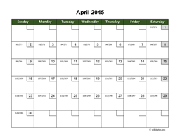 April 2045 Calendar with Day Numbers