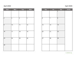 April 2045 Calendar on two pages