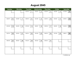 August 2045 Calendar with Day Numbers