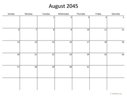 August 2045 Calendar with Bigger boxes