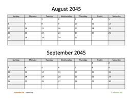 August and September 2045 Calendar