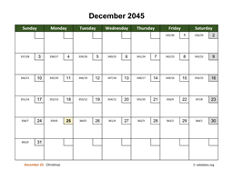 December 2045 Calendar with Day Numbers