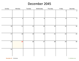 December 2045 Calendar with Bigger boxes