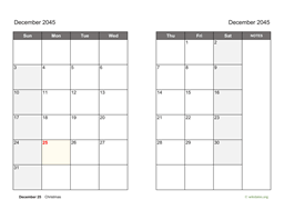 December 2045 Calendar on two pages