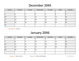 December 2045 and January 2046 Calendar