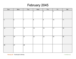 February 2045 Calendar with Weekend Shaded