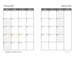 February 2045 Calendar on two pages