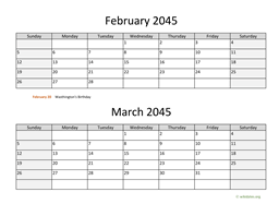 February and March 2045 Calendar