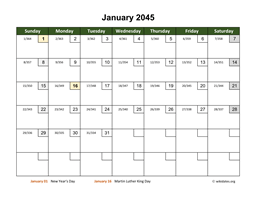 January 2045 Calendar with Day Numbers