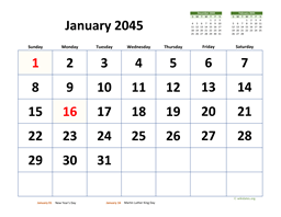 January 2045 Calendar with Extra-large Dates