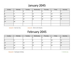 January and February 2045 Calendar
