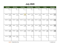 July 2045 Calendar with Day Numbers