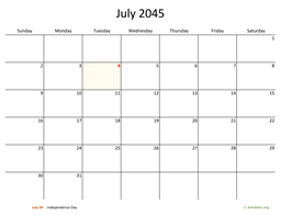 July 2045 Calendar with Bigger boxes