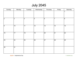 Basic Calendar for July 2045