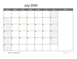 July 2045 Calendar with Notes