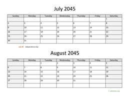 July and August 2045 Calendar