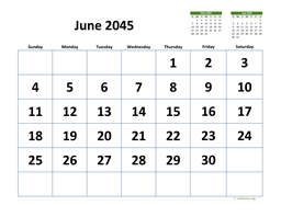 June 2045 Calendar with Extra-large Dates