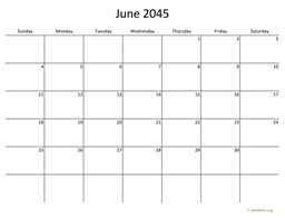 June 2045 Calendar with Bigger boxes