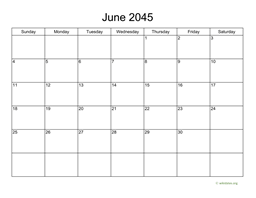 Basic Calendar for June 2045
