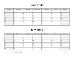 June and July 2045 Calendar
