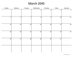 March 2045 Calendar with Bigger boxes