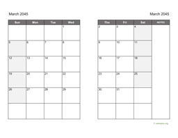 March 2045 Calendar on two pages