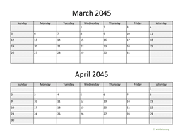March and April 2045 Calendar