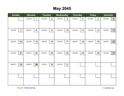 May 2045 Calendar with Day Numbers