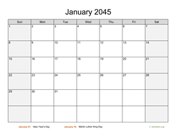 Monthly 2045 Calendar with Weekend Shaded
