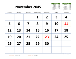 November 2045 Calendar with Extra-large Dates