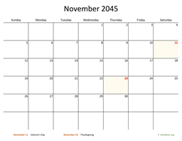 November 2045 Calendar with Bigger boxes