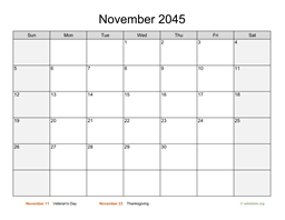 November 2045 Calendar with Weekend Shaded