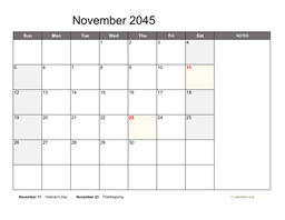 November 2045 Calendar with Notes