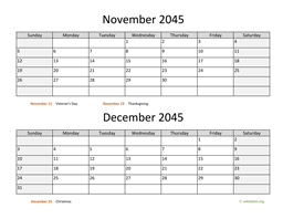 November and December 2045 Calendar