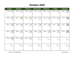 October 2045 Calendar with Day Numbers