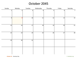 October 2045 Calendar with Bigger boxes