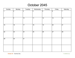 Basic Calendar for October 2045