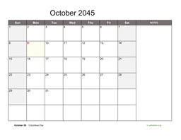 October 2045 Calendar with Notes