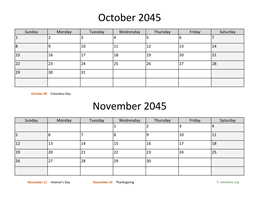October and November 2045 Calendar