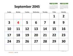 September 2045 Calendar with Extra-large Dates