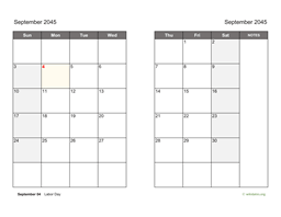 September 2045 Calendar on two pages