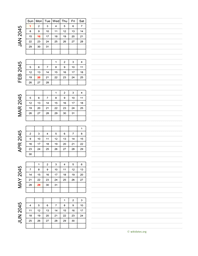 six months 2045 calendar vertical with notes